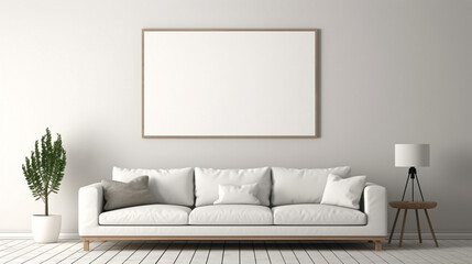 A minimalistic living room with a blank white empty frame, adorned with a simple, monochromatic line drawing that adds a touch of sophistication.