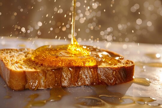 a piece of bread with honey being poured