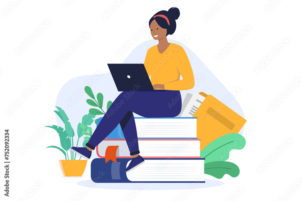 Leinwandbilder woman studying on laptop - female person sitting with computer in lap on top of stack of books. stud