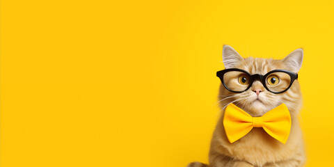 Cute cat with glasses on a yellow background.Banner