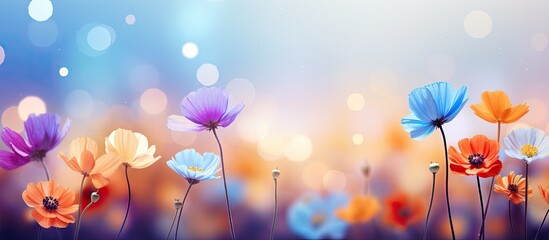 Vibrant Blooms in a Blue Haze: Colorful Floral Display on Softly Blurred Background
