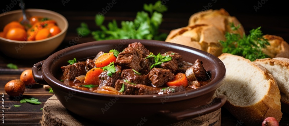Poster savory beef stew delight with fresh bread and colorful vegetables on rustic wooden table