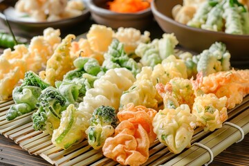 illustration, a variety of tempura vegetables on a bamboo mat