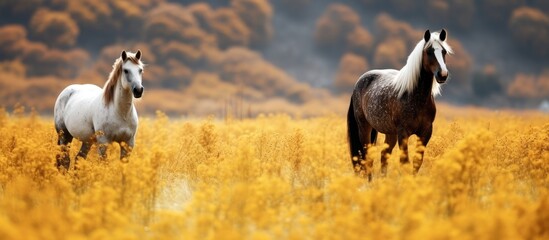 Two Majestic Horses Gracefully Pose in a Serene Field of Golden Tall Grass Under the Autumn Sun - obrazy, fototapety, plakaty