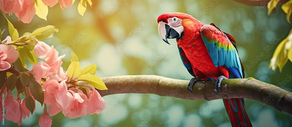 Poster vibrant parrot poses majestically on a lush tree branch in a tropical garden setting