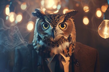 a man wearing a suit and a mask of an owl - obrazy, fototapety, plakaty