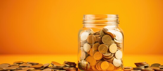 Fundraising and Charity Savings: Jar Packed with Coins on Vibrant Table Background - obrazy, fototapety, plakaty
