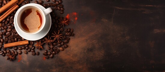 Obraz na płótnie Canvas Rich Aroma: Warm Cup of Coffee Surrounded by Cinnamons and Flavorful Cinnamon Sticks