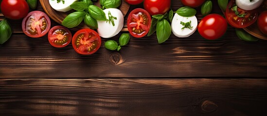 Delicious Italian Caprese Salad Platter with Fresh Tomatoes and Mozzarella on Rustic Wooden Background - obrazy, fototapety, plakaty