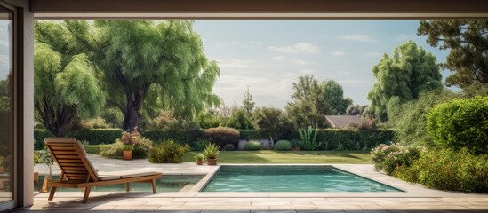Fototapeta premium Tranquil Pool Retreat: Relaxing Chair by a Lush Green Home Backyard Swimming Pool
