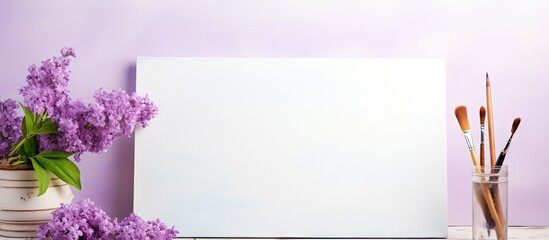 Creative Still Life: Blank Paper, Paintbrush, and Lilac Flowers on Wooden Table - obrazy, fototapety, plakaty