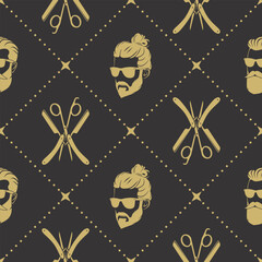Barbershop seamless pattern with hipster face, hairdressing scissors and razor. Vector illustration