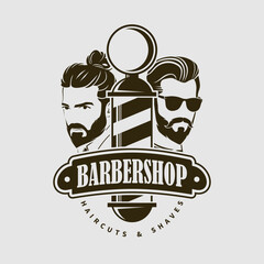 	
Barbershop logo, poster or banner design concept with barber pole and bearded men. Vector illustration	