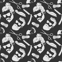 Barbershop seamless pattern with hipster face, hairdressing scissors and razor. Vector illustration