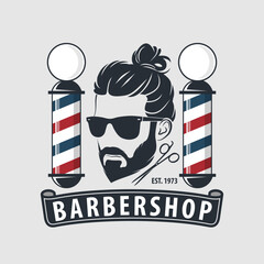 	
Barbershop logo, poster or banner design concept with barber pole and bearded men. Vector illustration	