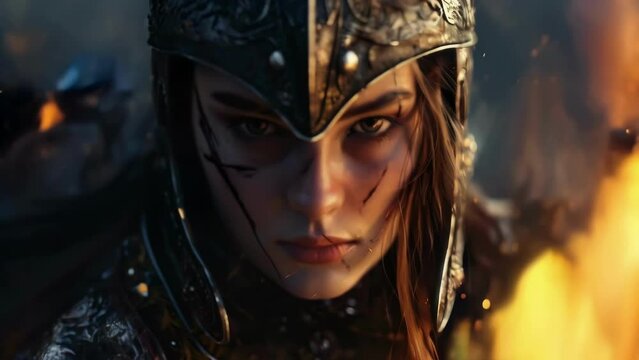 Dressed in intricate armor, the warrior gazes directly at the camera with a piercing stare. The sparks around her add to the mystical atmosphere, making her appear even more powerful and