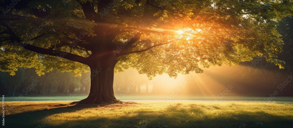 Poster enchanting sunlight filtering through majestic tree in a serene forest setting
