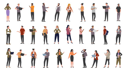 Vector people characters collection - Set of diverse working men and women in casual office work clothes in various postures. Flat design on white background - obrazy, fototapety, plakaty