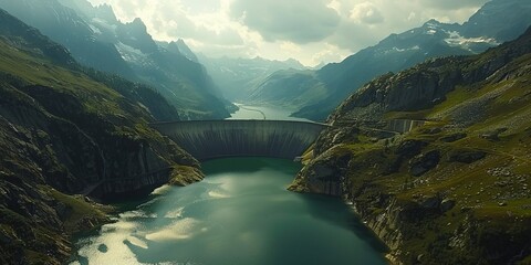 Swiss mountain hydroelectricity reservoir dam generating renewable energy and reducing global warming aerial view decarbonization in summer.