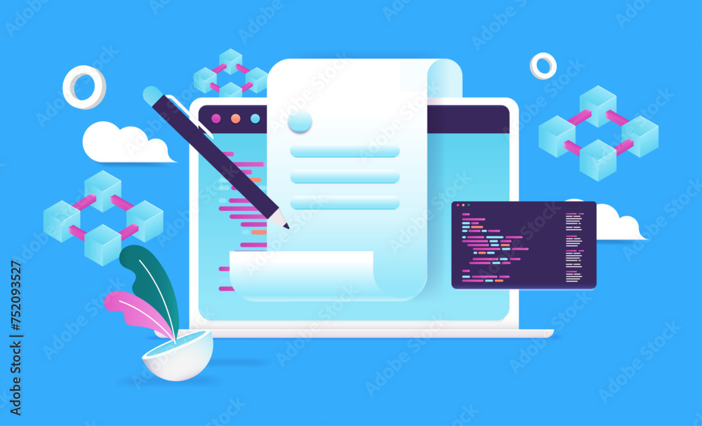 Aufkleber smart contract - laptop computer screen with pen signing digital contract. semi flat design on blue 