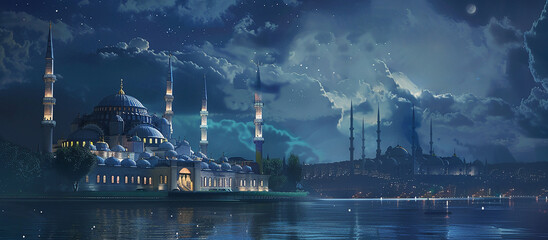 Ramadan Kareem religious background with mosque silhouettes reflected in serene sea,ramadan banner,ramadan holiday islamic