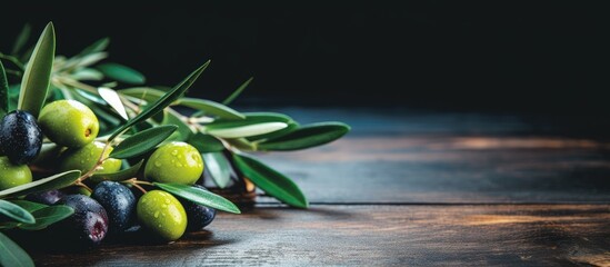 Fresh Green Olives and Olive Oil on Rustic Wooden Table with Selective Focus - Powered by Adobe