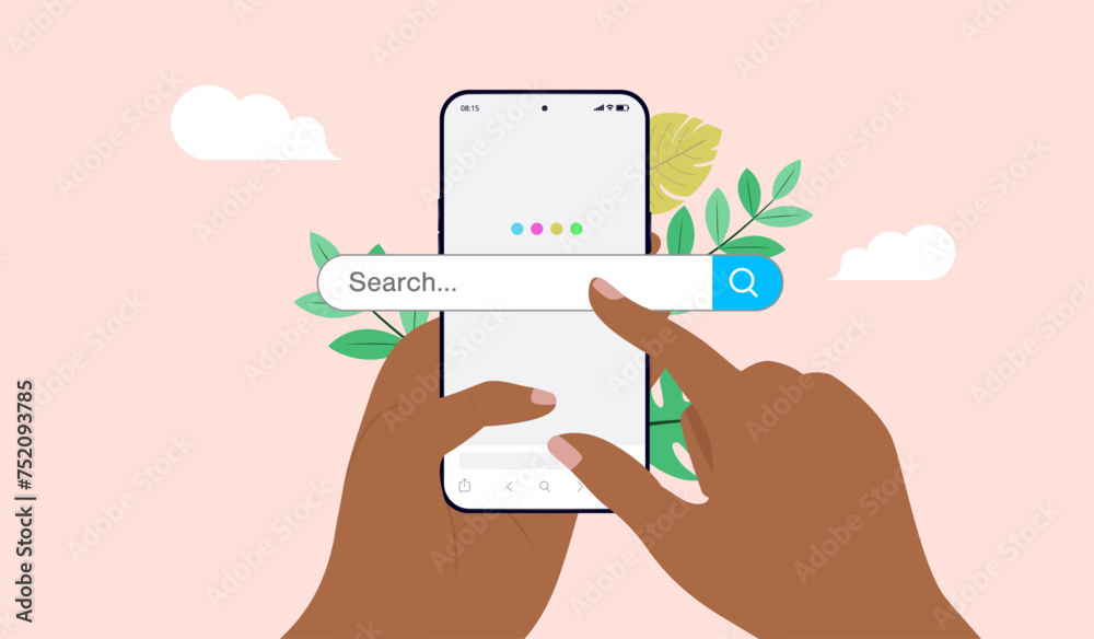 Poster online internet search bar on mobile phone - hands with dark skin using smartphone search engine on 