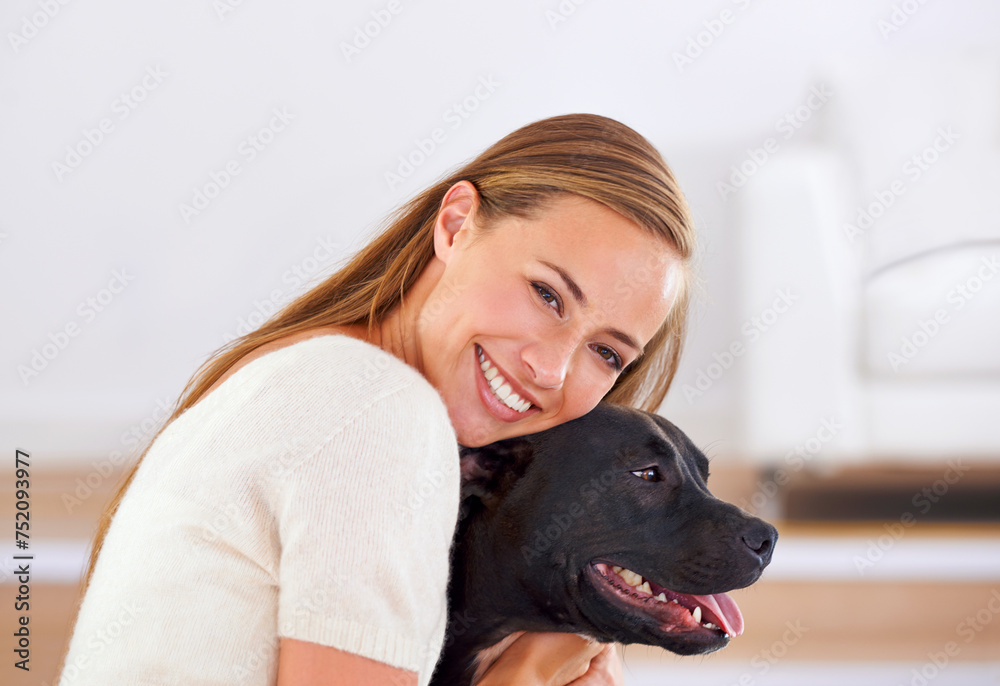 Canvas Prints Portrait, smile and woman with dog on sofa for relax, love and happiness together in living room. Female person, cuddle and puppy on couch for affection, comfort and stress relief by domestic animal