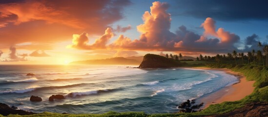 Dramatic Sunrise on Kauai's North Shore with Volcanic Clouds Casting a Fiery Glow - obrazy, fototapety, plakaty