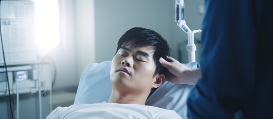 Asian Patient Receiving IV Therapy in Hospital Bed for Migraine Disease and Stress
