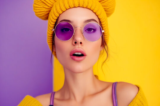 Woman wearing yellow knitted hat and purple sunglasses.