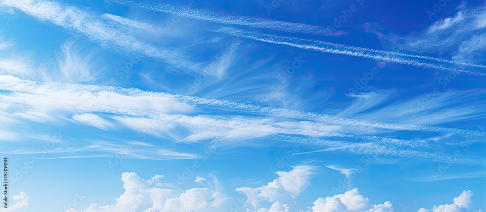 Leinwandbilder vibrant blue sky with airplane contrails creating artistic patterns of nature