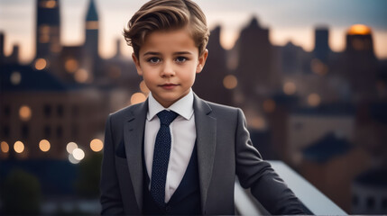 A young boy in a suit and tie stands on a ledge in front of a city skyline. Concept of sophistication and elegance, as the boy is dressed in formal attire - obrazy, fototapety, plakaty