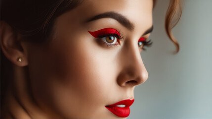 A woman with red lipstick and red eyeliner. She has a red streak on her eye