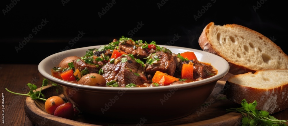 Poster hearty beef stew with fresh vegetables and crusty bread on rustic table