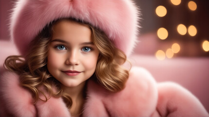 A young girl wearing a pink fur hat and a pink coat. She is smiling and looking at the camera