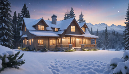 Fototapeta na wymiar 3D illustration scenery of one house with snow on the ground
