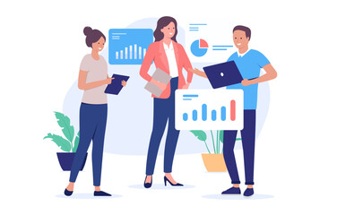 People and business charts - Team of three businesspeople standing with computers discussing data, graphs and diagrams. Generic business vector illustration in flat design with white background