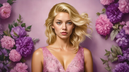 A woman with blonde hair and a pink dress is standing in front of a purple background. Concept of elegance and sophistication, as the woman is dressed in a beautiful pink gown