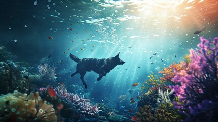 
Imagine a Caribbean dream: a stunning purple dog gracefully swimming in a surreal underwater scene. The photo captures an incredibly cute dog swimming amidst coral reefs on an underwater planet. - obrazy, fototapety, plakaty