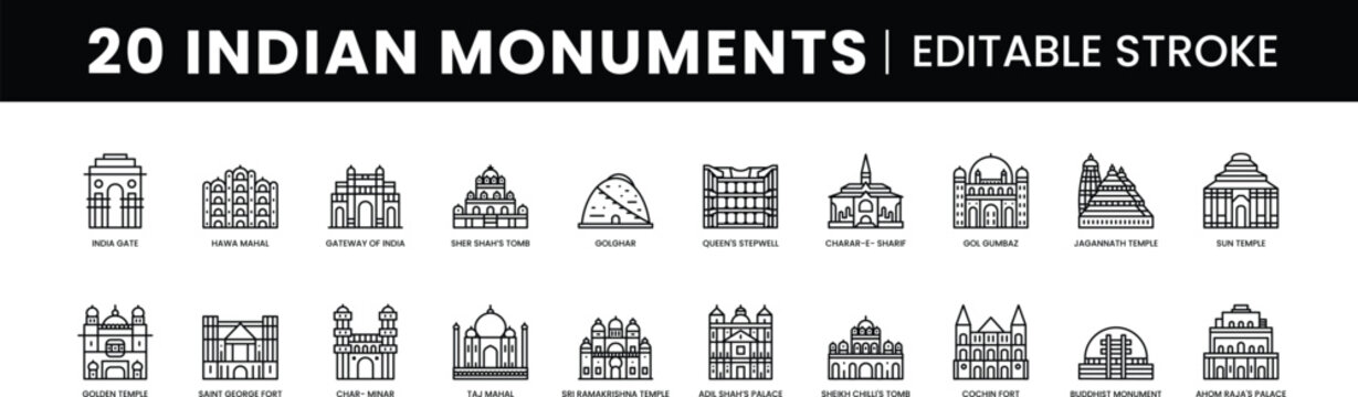 Famous Indian monuments and Landmarks like Taj Mahal, India Gate, Golden Temple, Charminar, Golghar, Hawa Mahal, Jagannath Temple, Gateway of India, Buddhist Monument, Sun Temple with editable stroke.