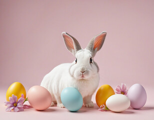 Fototapeta na wymiar Easter bunny and eggs in minimalist background