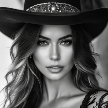 A woman with long hair and a black hat is the main subject of the image. The hat is adorned with a feather and a pearl, giving it a vintage and stylish appearance