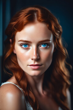 A woman with blue eyes and red hair. She is wearing a white tank top. The image is a portrait of a woman with a blue eye