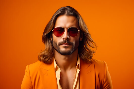 A man with long hair and a beard is wearing sunglasses and a yellow suit. He is posing for a photo on an orange background