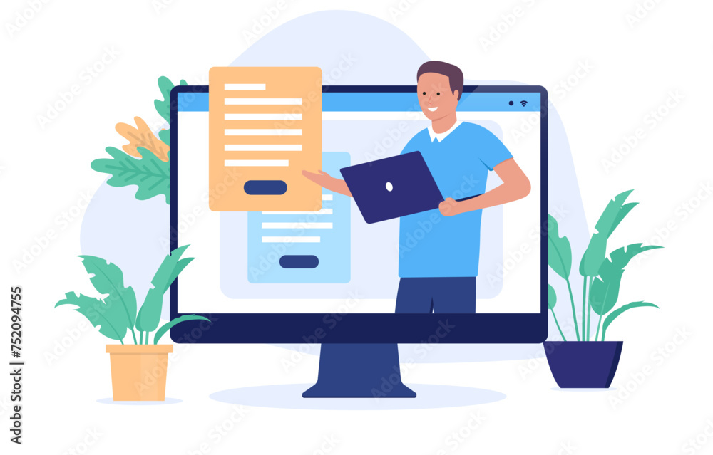 Poster webinar and online course - man in computer screen holding internet presentation and lecture with do