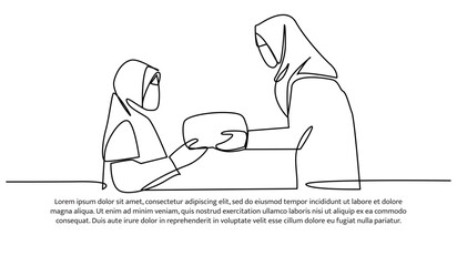 one continuous line of an  Muslim women giving gifts. for Islamic celebration promotion model.