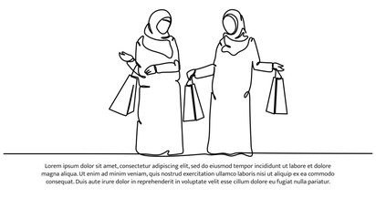 one continuous line of an  Muslim women shopping together at an shop. for Islamic celebration promotion model.
