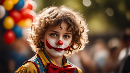 A young girl with red face paint and a clown costume. She is standing in front of a bunch of balloons
