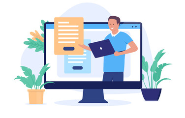 Webinar and online course - Man in computer screen holding internet presentation and lecture with documents. E-learning and remote work concept in flat design vector illustration with white background